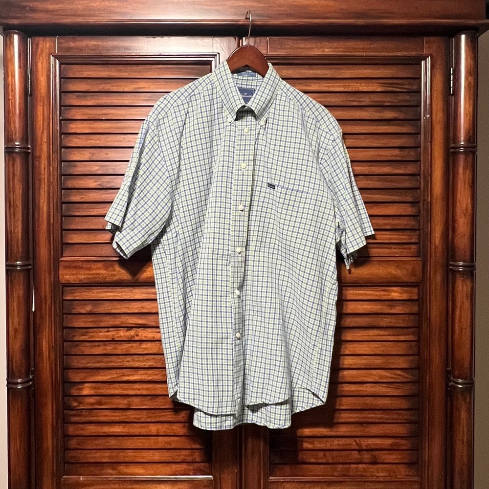 Faconnable Mens Large Green Blue Plaid Short Sleeve Button Down Shirt USA Made - Picture 1 of 10